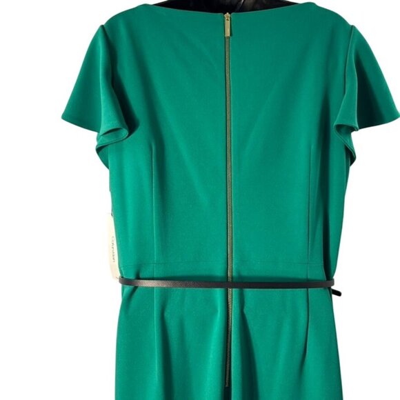 Green Wide-Leg Jumpsuit With Short Flutter Sleeves & Belted Waist Back Zipper - Picture 4 of 13